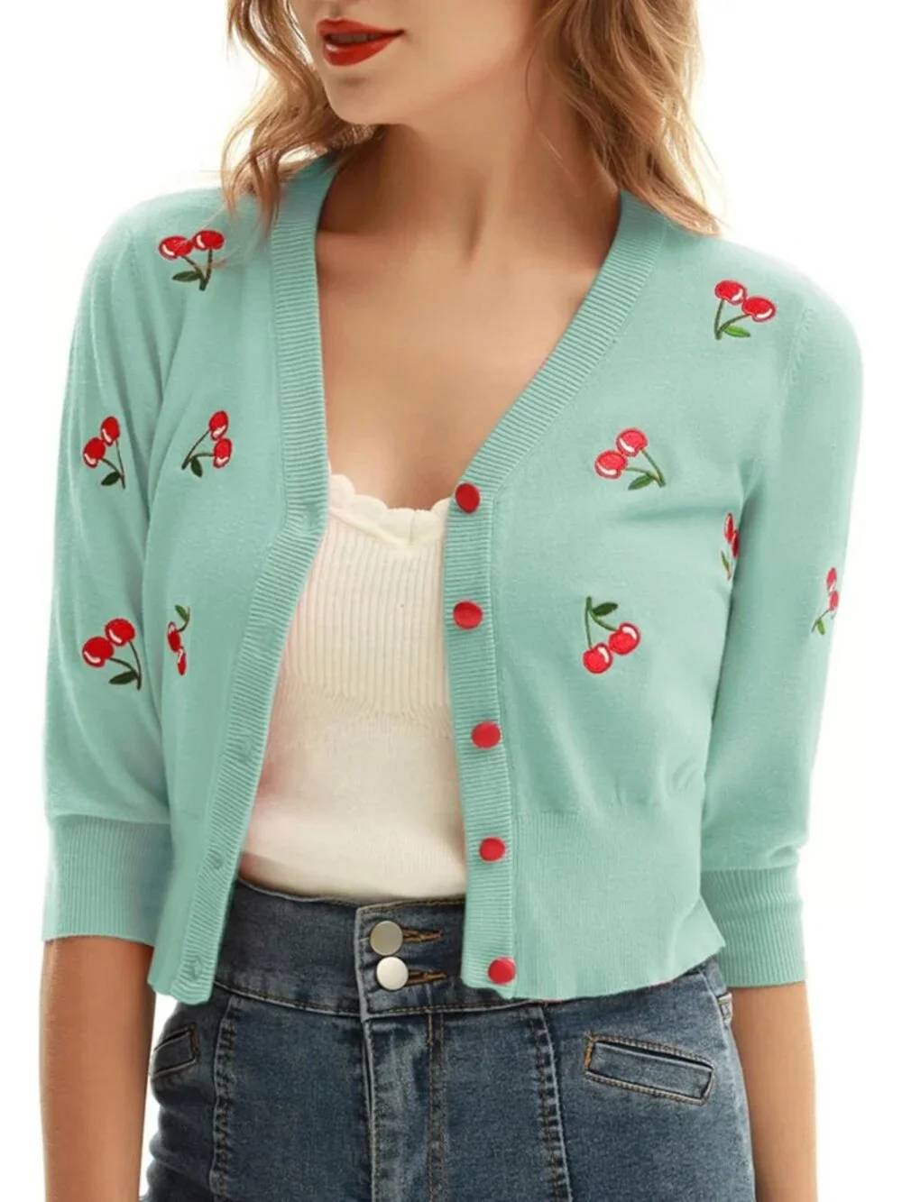 Chic 3/4 Sleeve V-Neck Button Down Cropped Cardigan with Cherry Embroidery